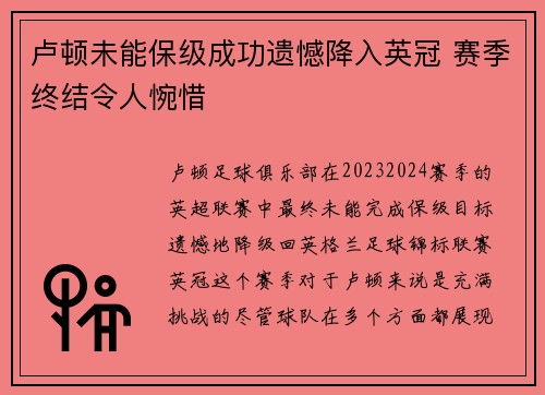 卢顿未能保级成功遗憾降入英冠 赛季终结令人惋惜 卢顿未能保级成功遗憾降入英冠 赛季终结令人惋惜